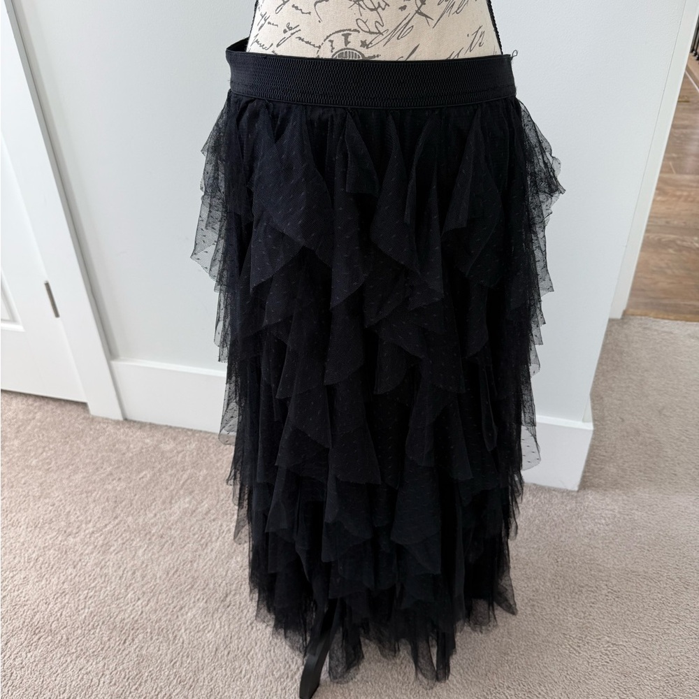 Anthropologie Black Ruffle Tulle Polka Dot Maxi Skirt
